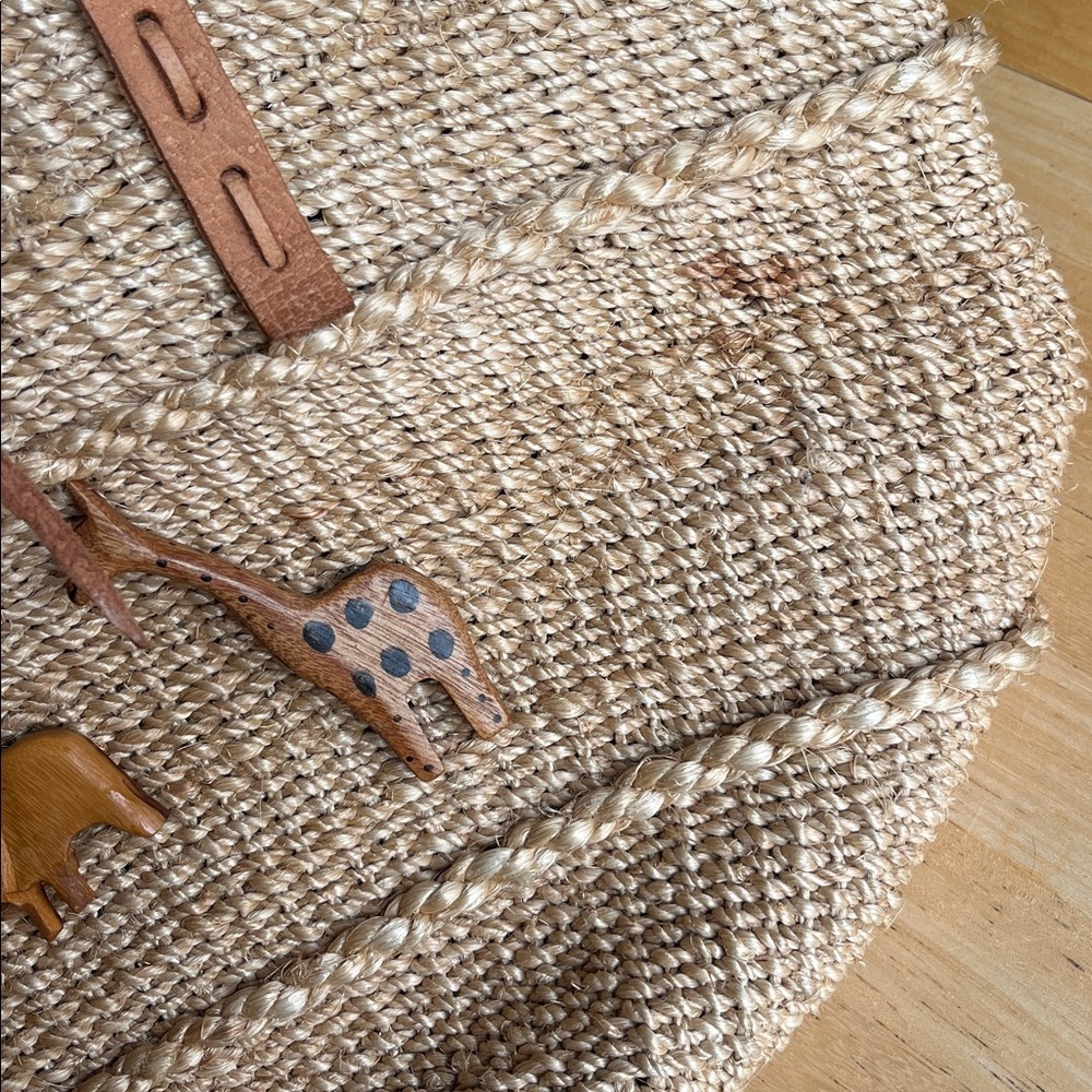 Vintage 90s Noah’s Ark Sisal Market Bag Leather Strap Animal Tote - Picture 5 of 12